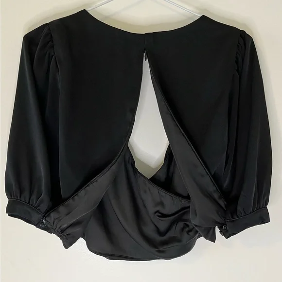 Kookai Size 34 Size 6 Black Crop 3/4 Sleeve Blouse Women’s Top Zip Back - Picture 7 of 14